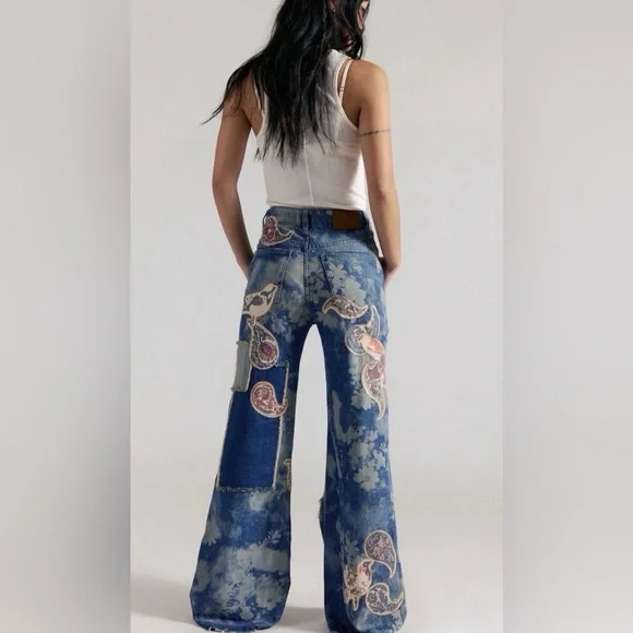Free People Flying High Patched Jeans We The Free Embroidered Birds Print Blue - Picture 2 of 7